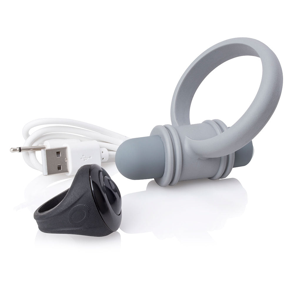 My Secret Screaming O For Him - Rechargeable Vibrating Cockring Set - Voom bullet, cockring and remote control ring. Grey.