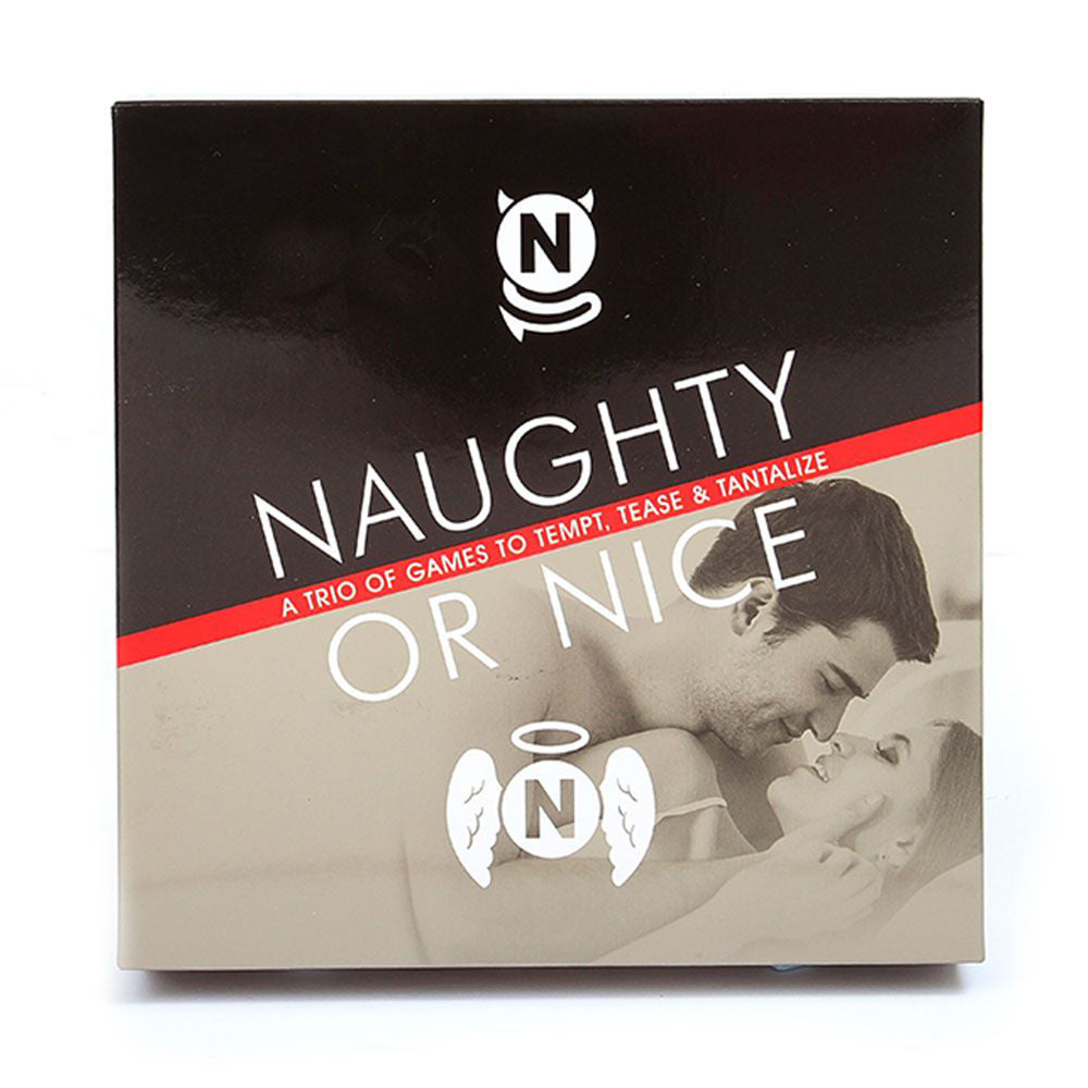 Naughty or Nice Adult Game set comes w/ 3 unique games to make any relationship more spontaneous, romantic & erotic.