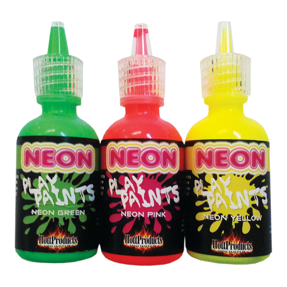 Neon Play Paints -fluoro paints have tapered nozzles for precise application & glow under black lights or you can use the included UV pen to illuminate. 3 x 30ml bottles