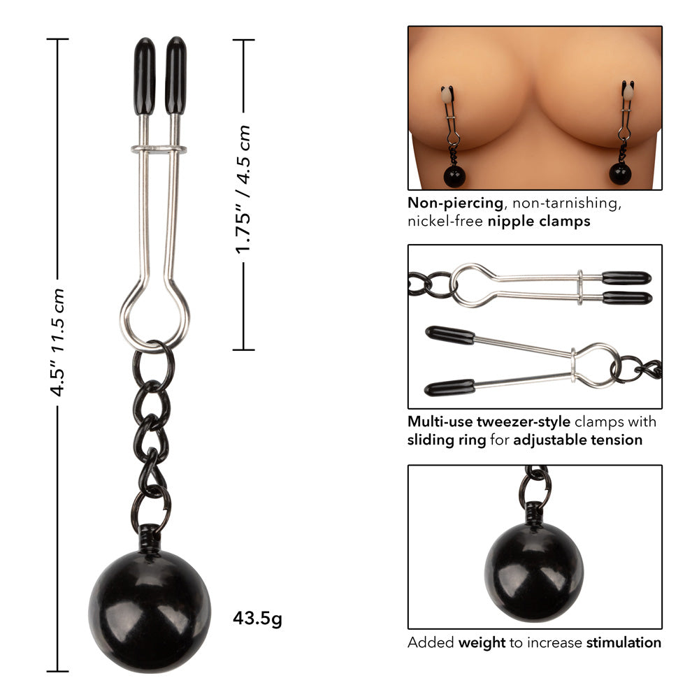 Nipple Grips - Weighted Tweezer Nipple Clamps - have sliding bars that adjust the tweezer tightness & a pair of dangling 43.5g weights for a sensual look & extra sensation. 4