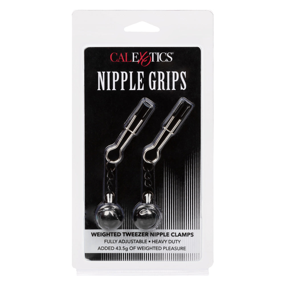 Nipple Grips - Weighted Tweezer Nipple Clamps - have sliding bars that adjust the tweezer tightness & a pair of dangling 43.5g weights for a sensual look & extra sensation. package