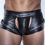 Noir Handmade Power Wet Look Cutout Thigh Buckle Shorts have cutouts on either side of your crotch & adjustable buckles at the thigh straps for your perfect fit.