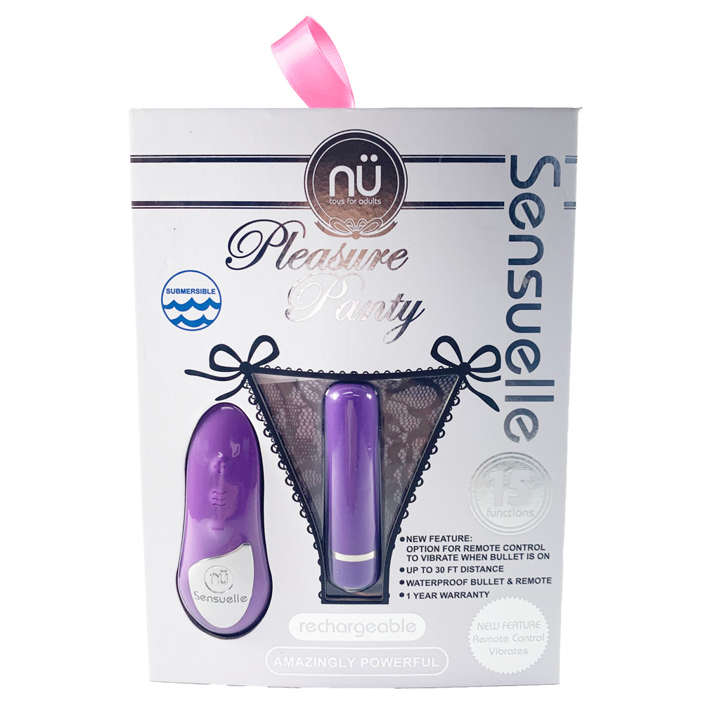 Nu Sensuelle Pleasure Panty Vibrator & Vibrating Remote include a discreet 15-mode bullet vibrator w/ a remote control that can also vibrate in sync for 2 toys in 1! Purple-package.