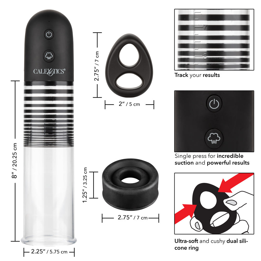 Optimum Series Rechargeable EZ Penis Pump Kit w/ Cock Ring - one-handed automatic penis pump provides an airtight seal for superior suction. 10