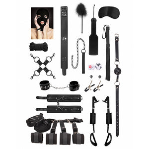 The Ouch! Advanced Bondage Kit includes 16 pieces for bondage, sensory deprivation, impact play, humiliation & more BDSM fun. Black.