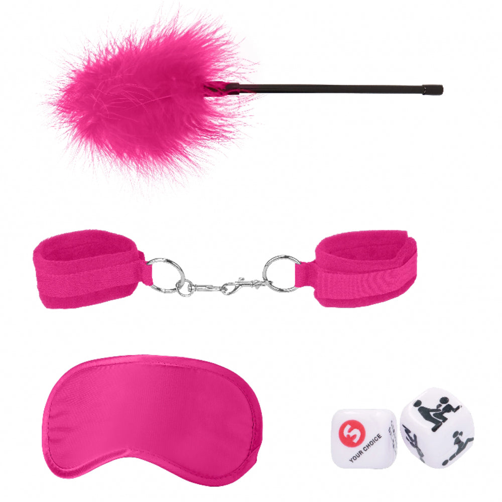 The beginner-friendly Ouch Introductory Bondage Kit #2 contains Velcro handcuffs, feather tickler, satin eye mask & sex position dice for kinky fun. Pink.