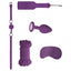 The Ouch! Introductory Bondage Kit #5 has 10m of Japanese silk rope, spanking paddle, satin eye mask, jewel-ended anal plug & a breathable ball gag. Purple.