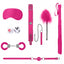 Ouch!'s Introductory Bondage Kit #6 has fluffy handcuffs, flogger, mask, sex dice, collar & leash, tickler & breathable ball gag for kinky couples exploring BDSM. Pink.