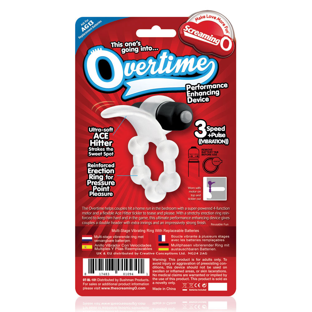 Screaming O - Overtime, vibrating cockring has a super-powered 4-function vibrating motor & a flexible clitoral tongue. Black, package. (2)