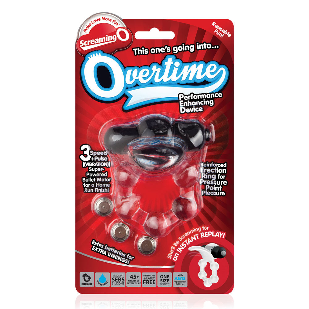 Screaming O - Overtime, vibrating cockring has a super-powered 4-function vibrating motor & a flexible clitoral tongue. Black, package