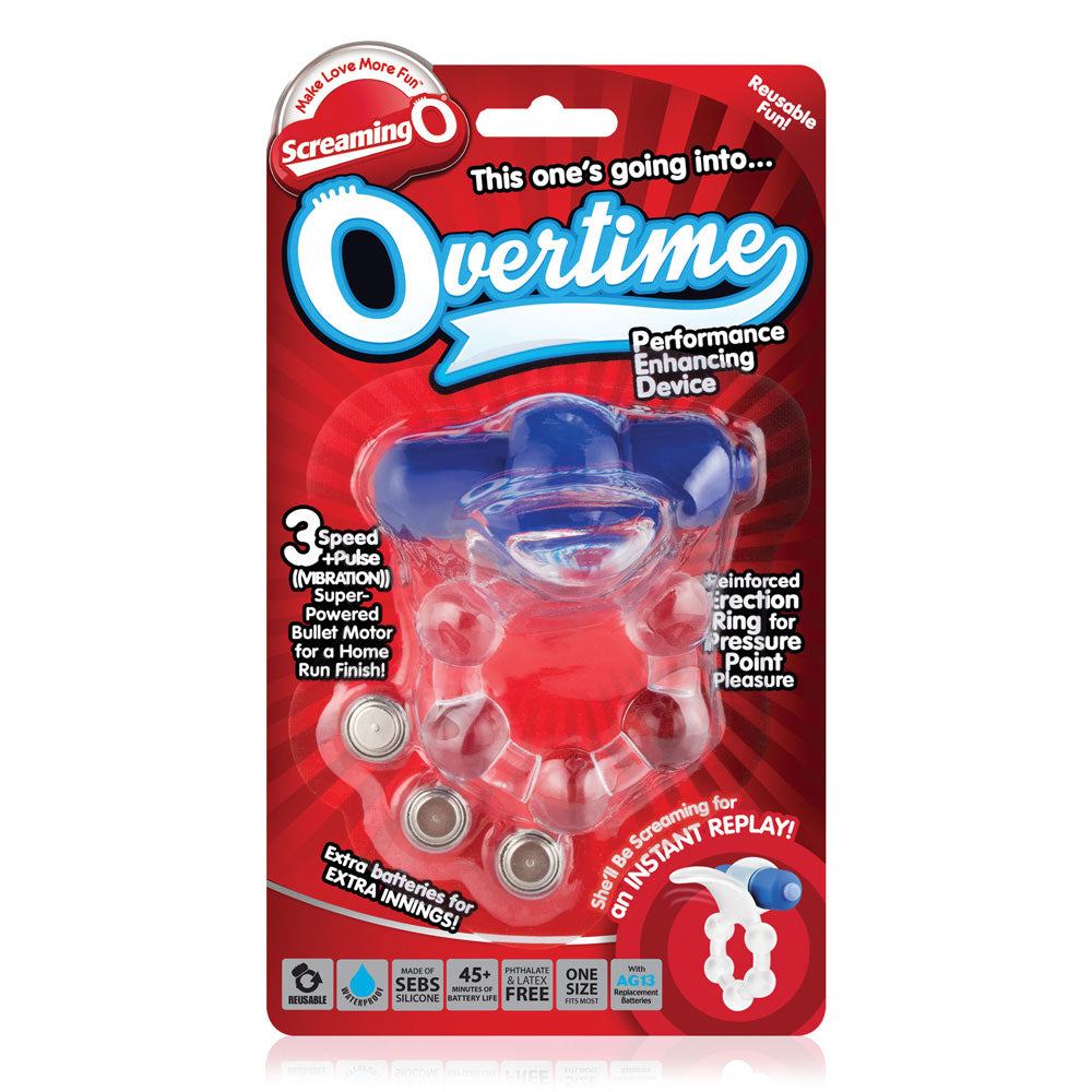 Screaming O - Overtime, vibrating cockring has a super-powered 4-function vibrating motor & a flexible clitoral tongue. Blue, package