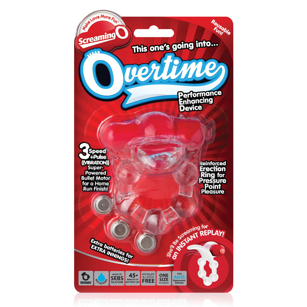 Screaming O - Overtime, vibrating cockring has a super-powered 4-function vibrating motor & a flexible clitoral tongue. Red, package