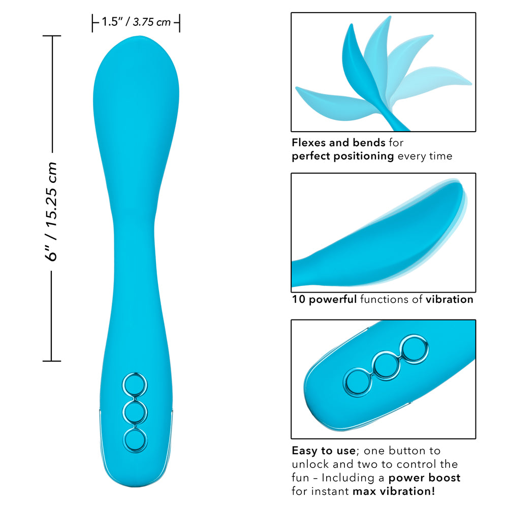 California Dreaming - Palm Springs Pleaser - bendable, contoured vibrator offers multi-directional positioning & 10 vibration patterns + Power Boost. Bright Blue 12