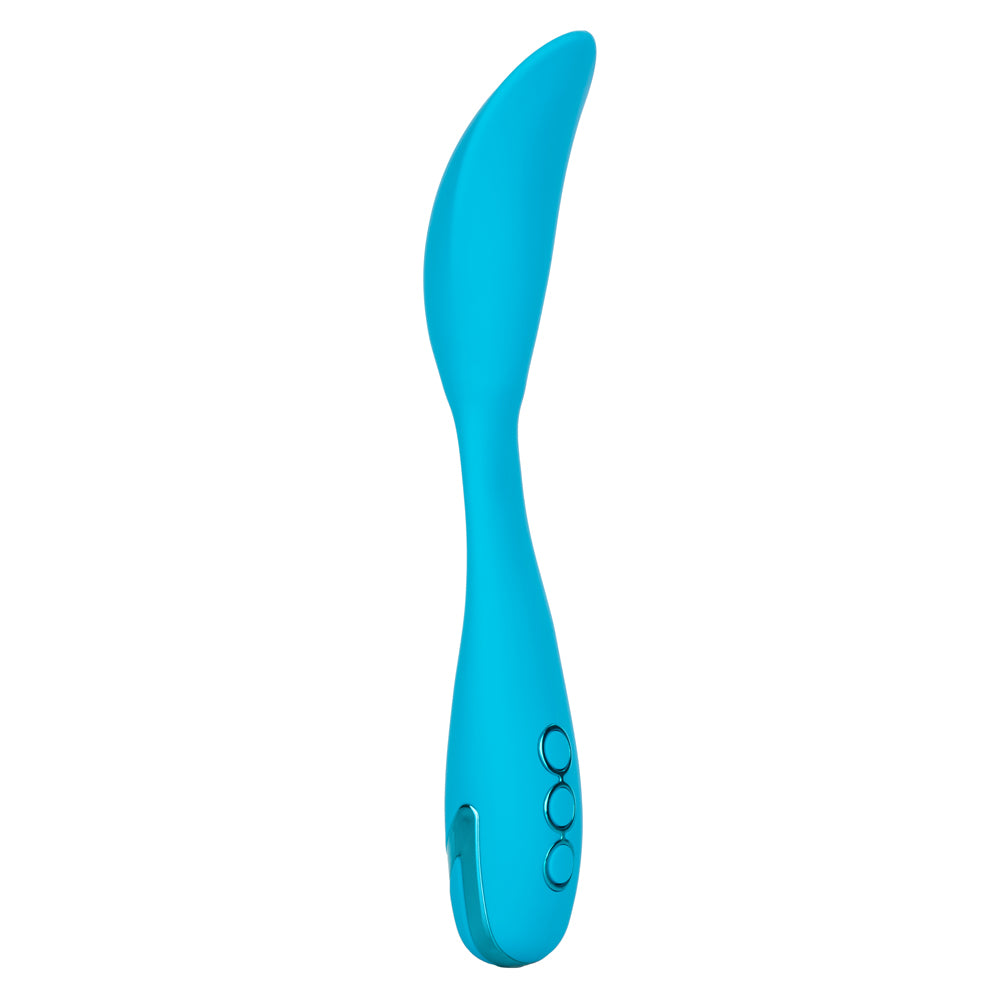California Dreaming - Palm Springs Pleaser - bendable, contoured vibrator offers multi-directional positioning & 10 vibration patterns + Power Boost.  Bright Blue