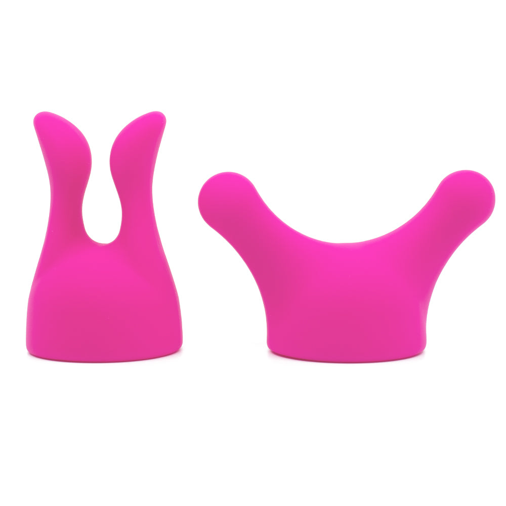 This duo of waterproof silicone wand attachments includes the Palm Finger head for hand massages + Palm Curve head for larger areas like arms & legs.