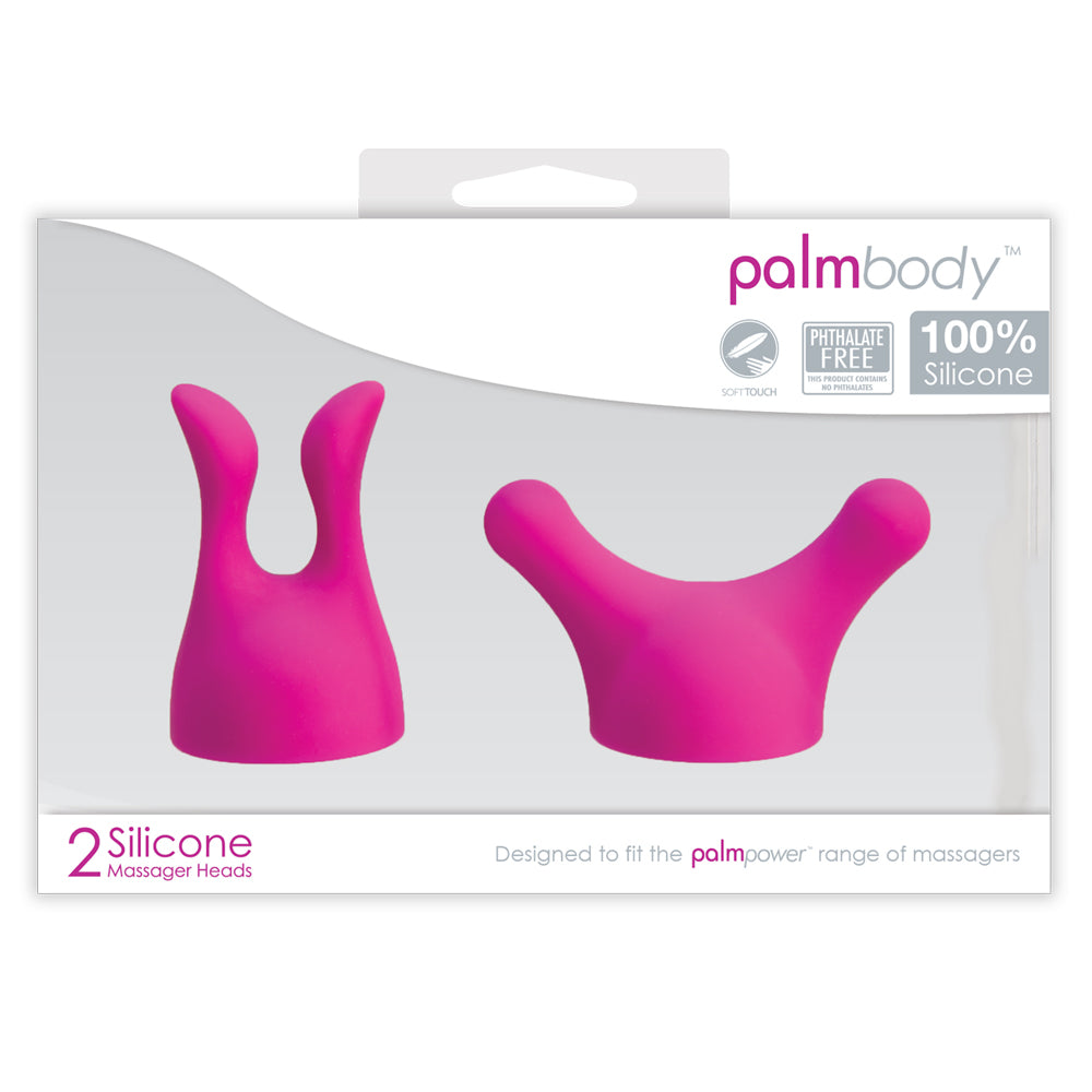 This duo of waterproof silicone wand attachments includes the Palm Finger head for hand massages + Palm Curve head for larger areas like arms & legs. Package.