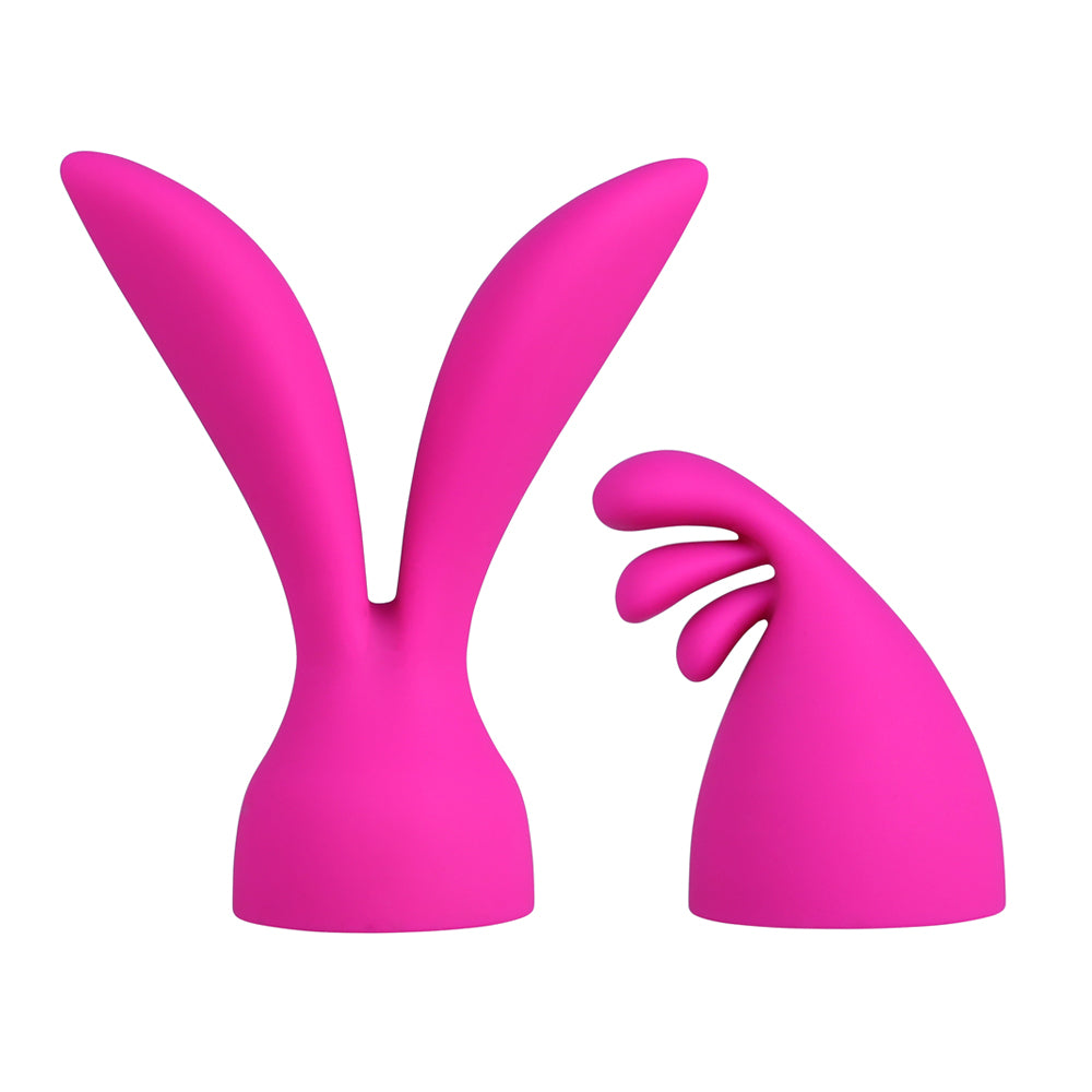 This duo of waterproof silicone wand attachments includes the rabbit ear-like Palm Delight head + the Palm Tease head that has 3 flickering tips. (3)