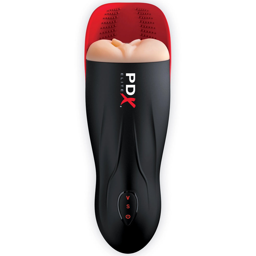 PDX Elite Fuck-O-Matic Vibrating Sucking Vaginal Stroker combos 5 suction modes w/ 10 vibration modes to automatically stroke you in & out of the textured vaginal tunnel & vibrate your balls.