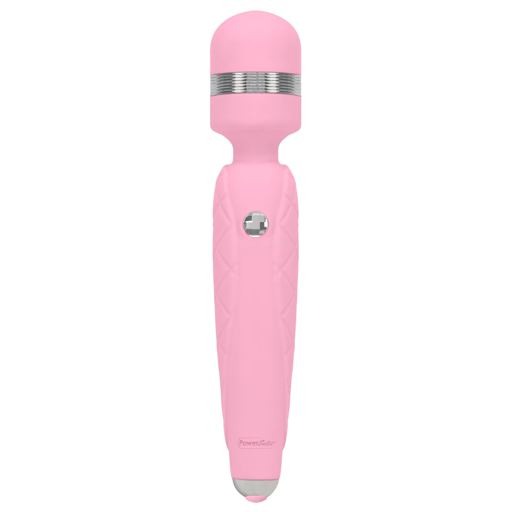 Pillow Talk Cheeky - Luxurious Wand Massager has a flexible head & multi-speed PowerBullet vibrations, all in a quilted silicone body w/ a Swarovski crystal control button. Pink.