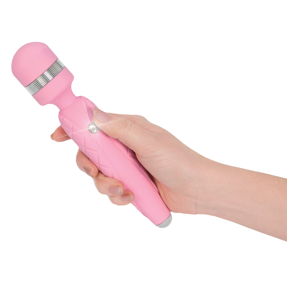 Pillow Talk Cheeky - Luxurious Wand Massager has a flexible head & multi-speed PowerBullet vibrations, all in a quilted silicone body w/ a Swarovski crystal control button. Pink. On-hand.