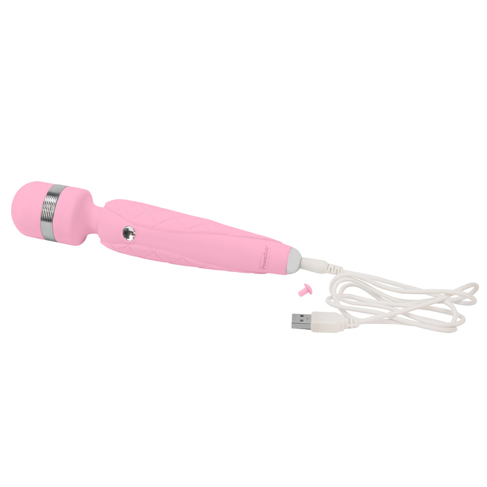 Pillow Talk Cheeky - Luxurious Wand Massager has a flexible head & multi-speed PowerBullet vibrations, all in a quilted silicone body w/ a Swarovski crystal control button. Pink. Charging cable.