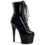 Pleaser Adore 7" Stiletto Lace-Up Platform Ankle Boots - Patent Black have adjustable laces + inner side zip for easy on/off & have great grip while pole dancing.