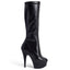 Pleaser Delight 6" Stiletto Platform Knee Boots - Matte Black have a 6" stiletto heel & a 1 & ¾" platform w/ a full-length inner side zip in stretchy matte black faux leather.