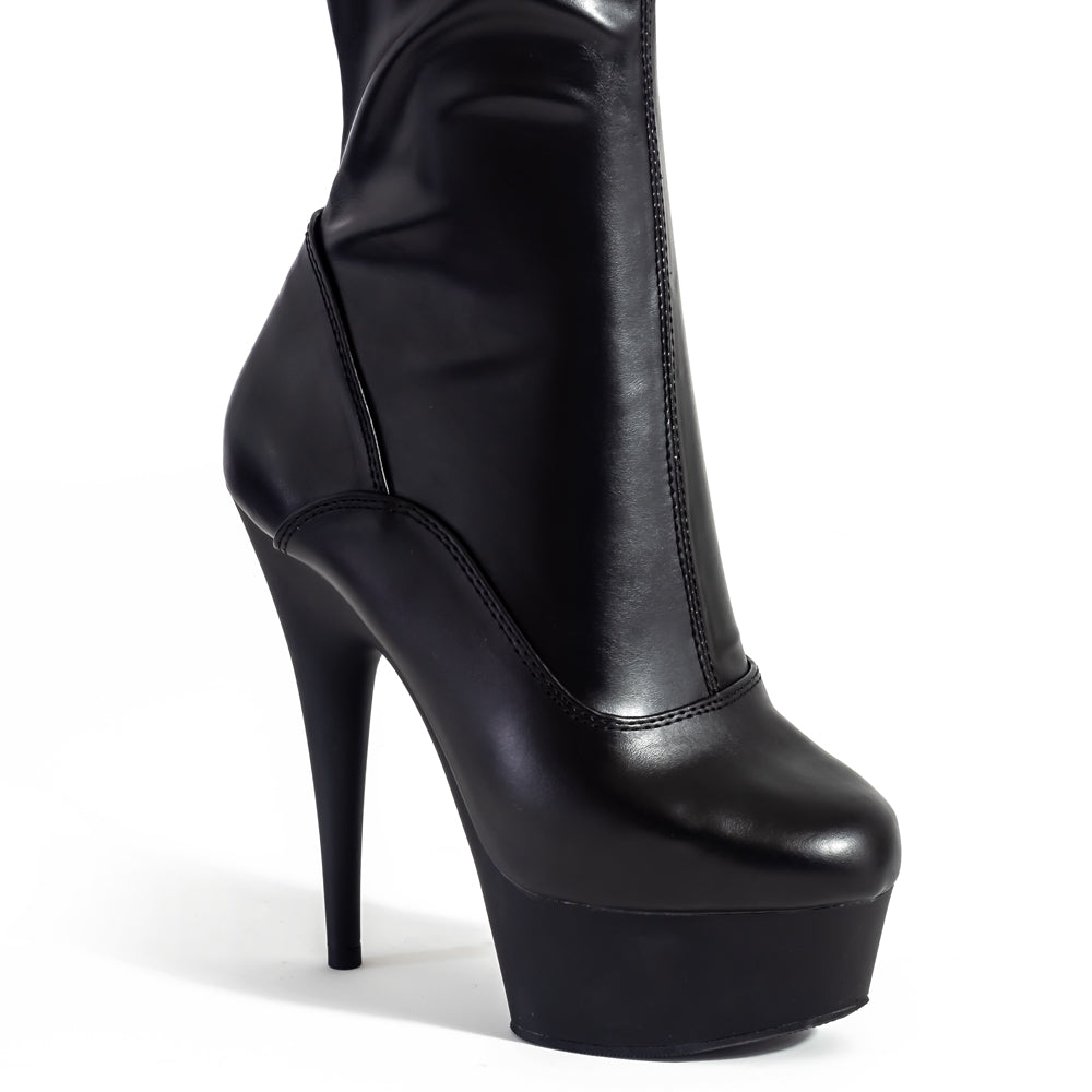 Pleaser Delight 6" Stiletto Platform Knee Boots - Matte Black have a 6" stiletto heel & a 1 & ¾" platform w/ a full-length inner side zip in stretchy matte black faux leather. (5)