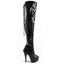 Pleaser Delight Corset Back Stiletto Thigh Boots - Patent Black have a full-length inner side zip & back corset lace-up detail in gloss patent finish.