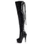 Pleaser Delight Corset Back Stiletto Thigh Boots - Patent Black have a full-length inner side zip & back corset lace-up detail in gloss patent finish. (3)