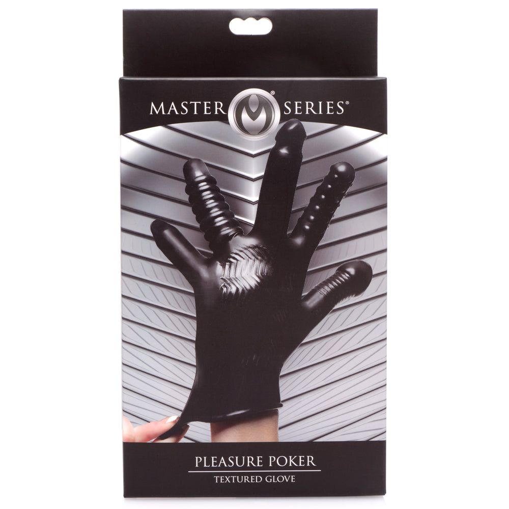 Master Series - Pleasure Poker Glove - adorned w/ stimulating textures & differently shaped fingers to take vaginal or anal play. box