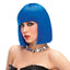 Pleasure Wigs Neon Cleo Blunt Fringe Bob Wig has straight bangs & comes in neon blue, purple or hot pink to turn heads at costume parties & cosplay events. Blue.