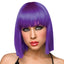 Pleasure Wigs Neon Cleo Blunt Fringe Bob Wig has straight bangs & comes in neon blue, purple or hot pink to turn heads at costume parties & cosplay events. Purple.