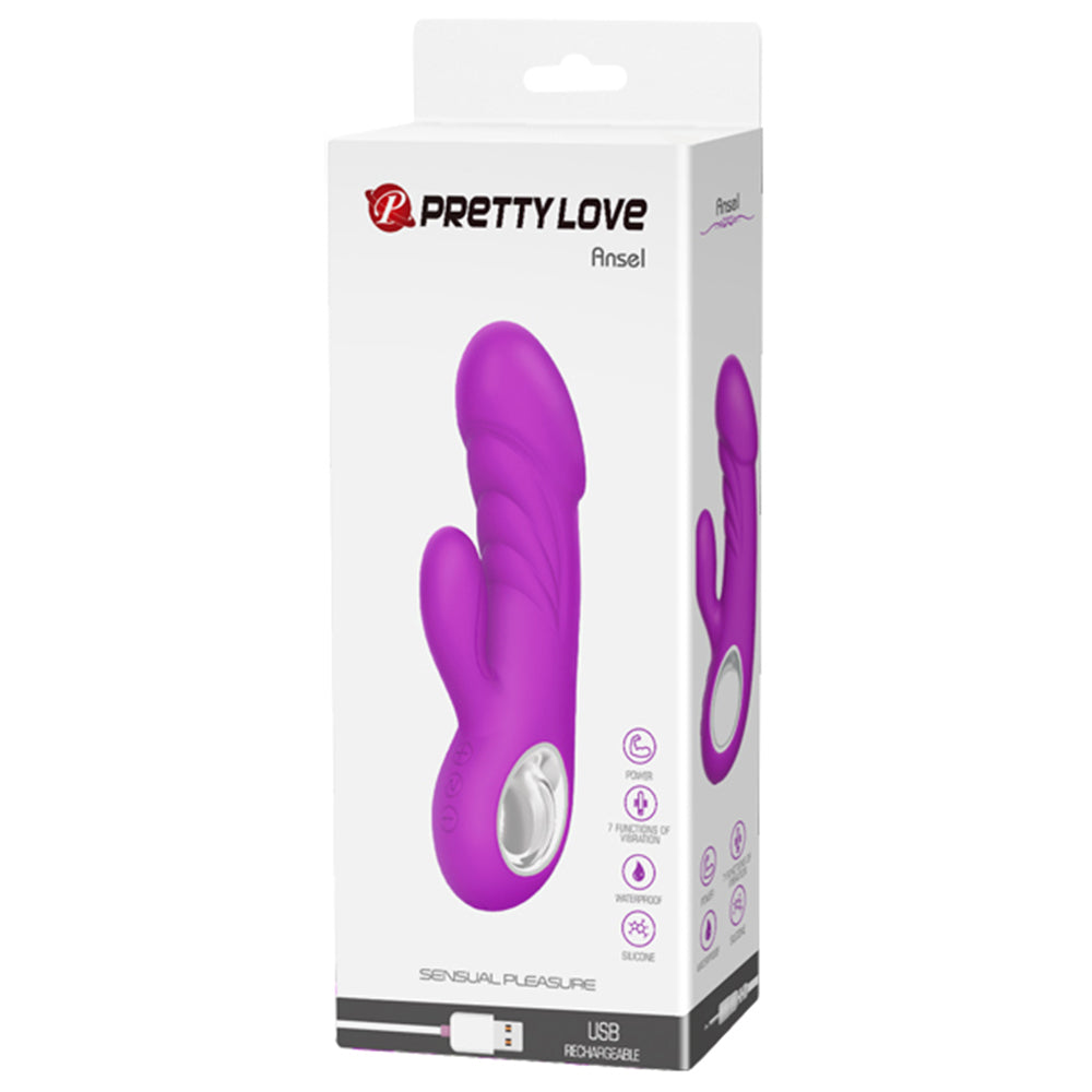 Pretty Love Ansel Thick Ridged Rabbit Vibrator has a thick ribbed shaft & phallic head for G-spot stimulation & a clitoral arm for blended orgasms. Package.