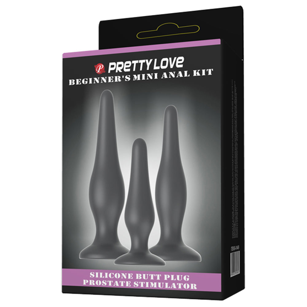 Pretty Love - Beginner's Mini Anal Kit has 3 plug sizes w/ tapered tips, bulbous middles  & suction cup bases. Package.