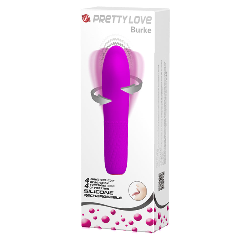 Pretty Love - Burke Rotating Vibrator has 4 vibration modes & 4 rotation settings for you to enjoy internally or externally. Purple-package.