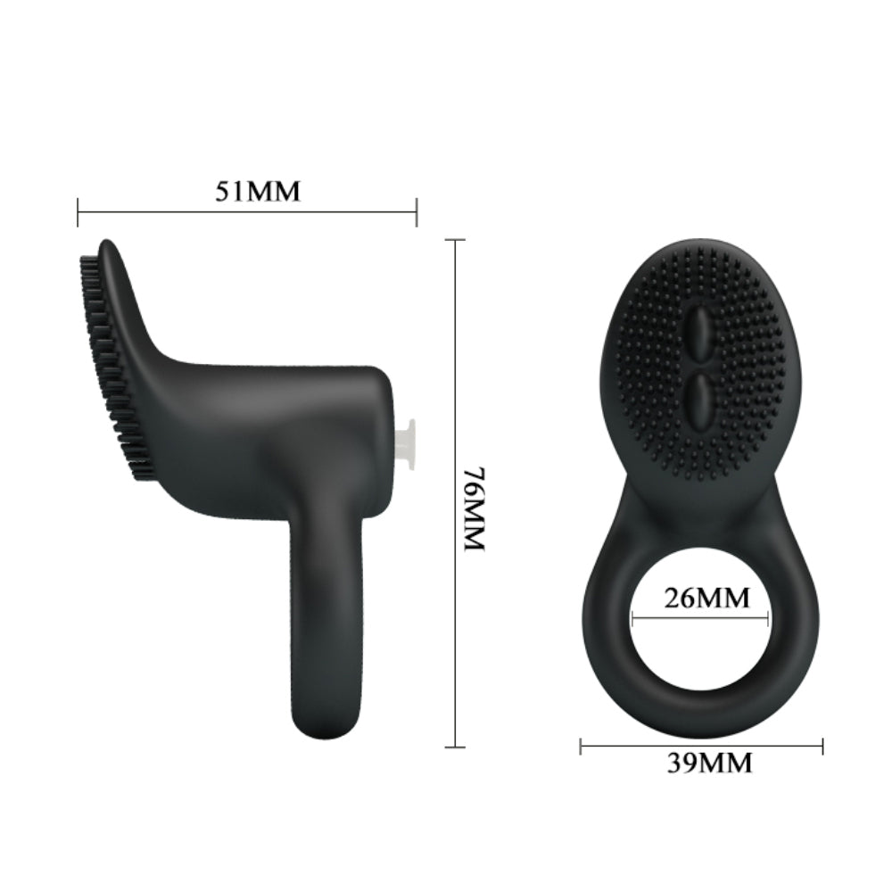Pretty Love Cobra Vibrating Cock Ring With Clitoral Ticklers has touch-activated vibration & a bristle-textured clitoral stimulator for both partners to enjoy. Black-dimension.