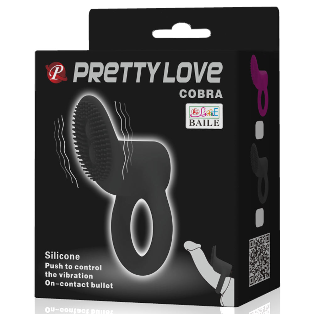 Pretty Love Cobra Vibrating Cock Ring With Clitoral Ticklers has touch-activated vibration & a bristle-textured clitoral stimulator for both partners to enjoy. Black-package.