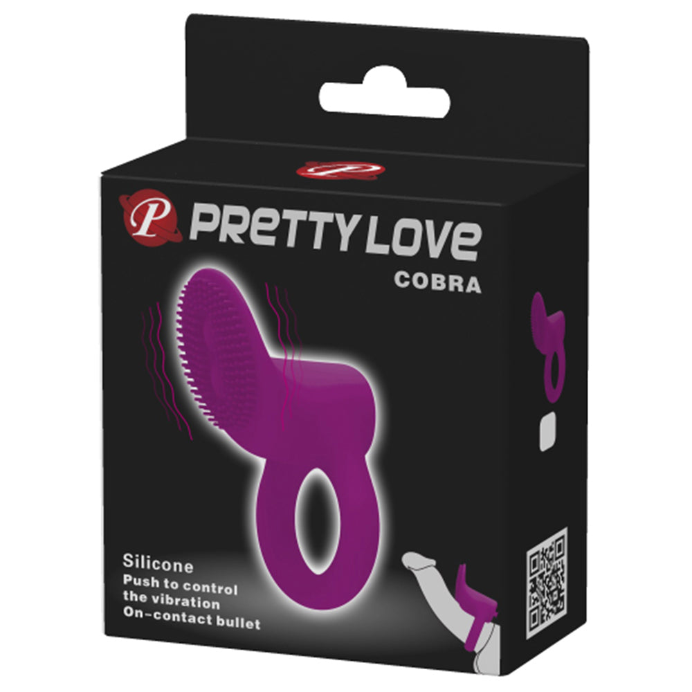 Pretty Love Cobra Vibrating Cock Ring With Clitoral Ticklers has touch-activated vibration & a bristle-textured clitoral stimulator for both partners to enjoy. Purple-package.