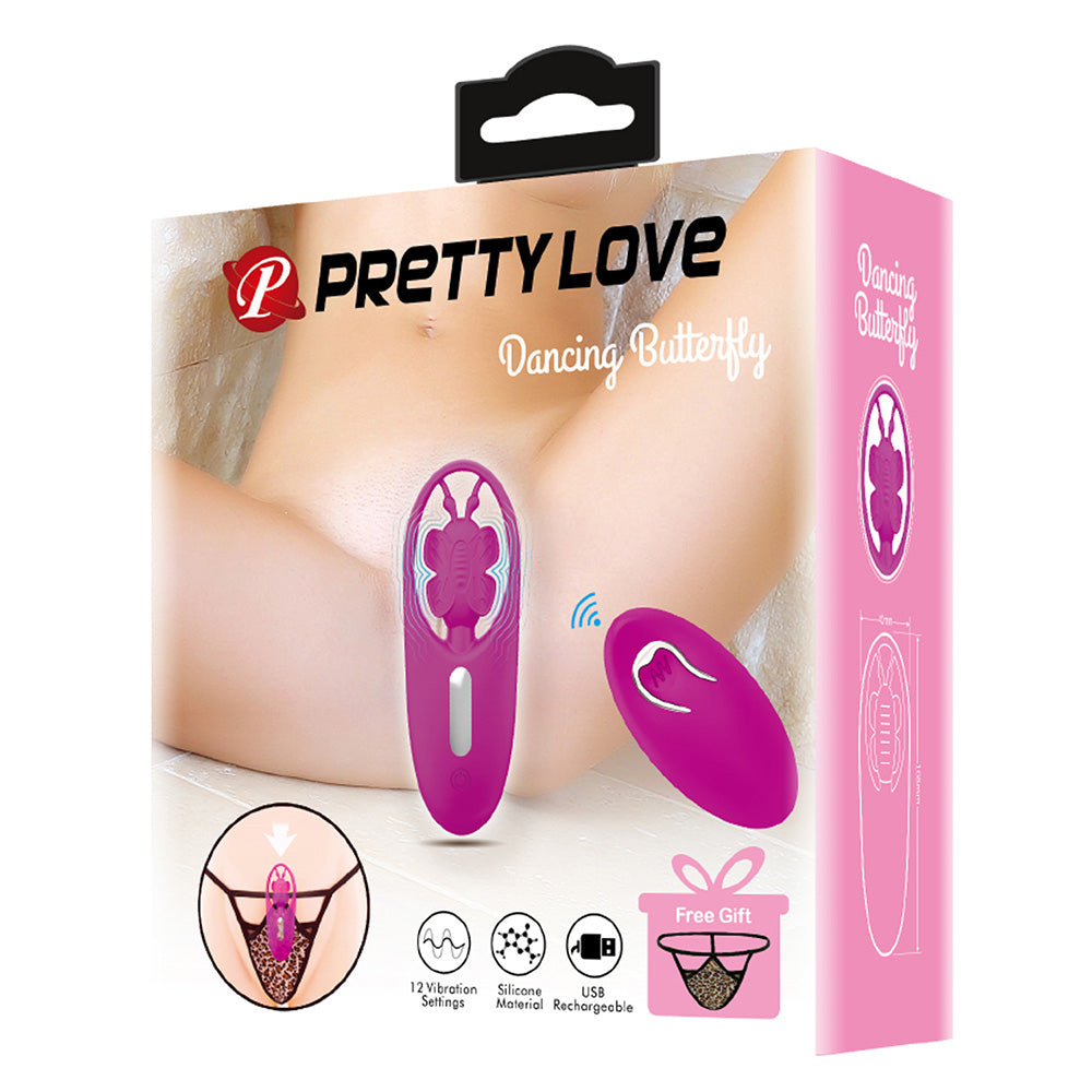 Pretty Love Dancing Butterfly Remote Control Panty Vibrator - curved panty vibrator follows your intimate area's shape & vibrates against your clitoris in 12 powerful modes. Box