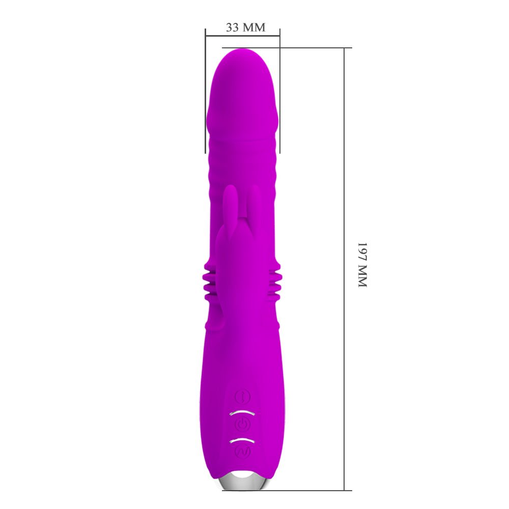 Pretty Love Dorothy Thrusting Rabbit Vibrator is one of the best women's toys for sexual pleasure, stimulating her clitoris & G-spot w/ 12 vibrations & 3 thrusting modes. Purple-dimension.