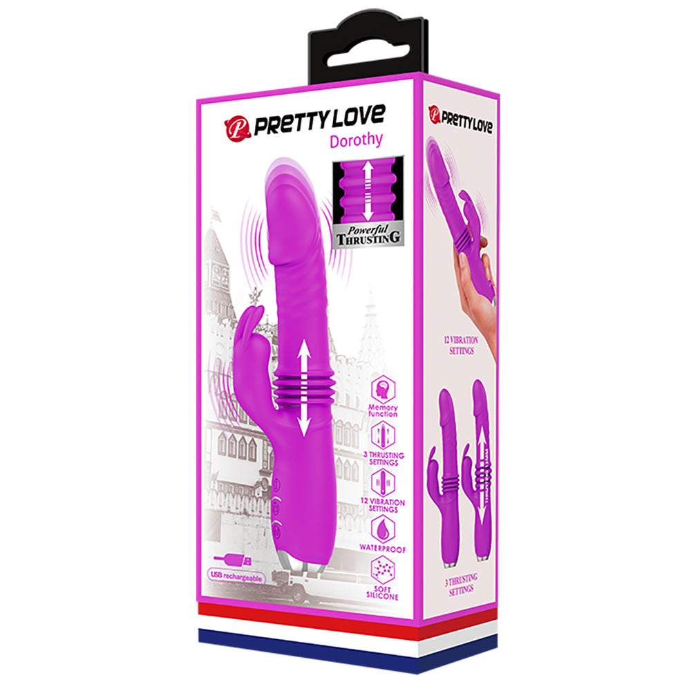 Pretty Love Dorothy Thrusting Rabbit Vibrator is one of the best women's toys for sexual pleasure, stimulating her clitoris & G-spot w/ 12 vibrations & 3 thrusting modes. Purple-package.