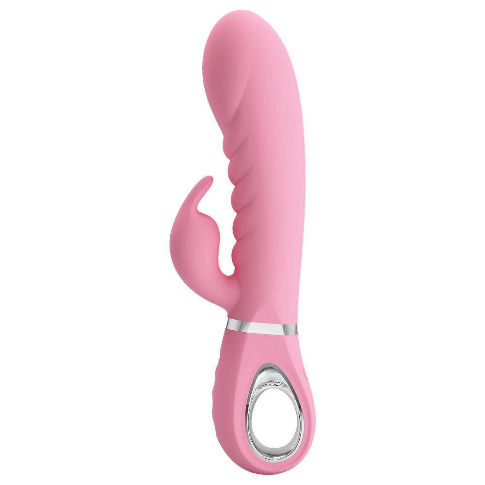 Pretty Love Prescott Dual-Density Rabbit Vibrator has a soft & flexible ribbed shaft with 7 G-spot & 7 clitoral stimulator vibration modes for awesome blended orgasms. Pink. 