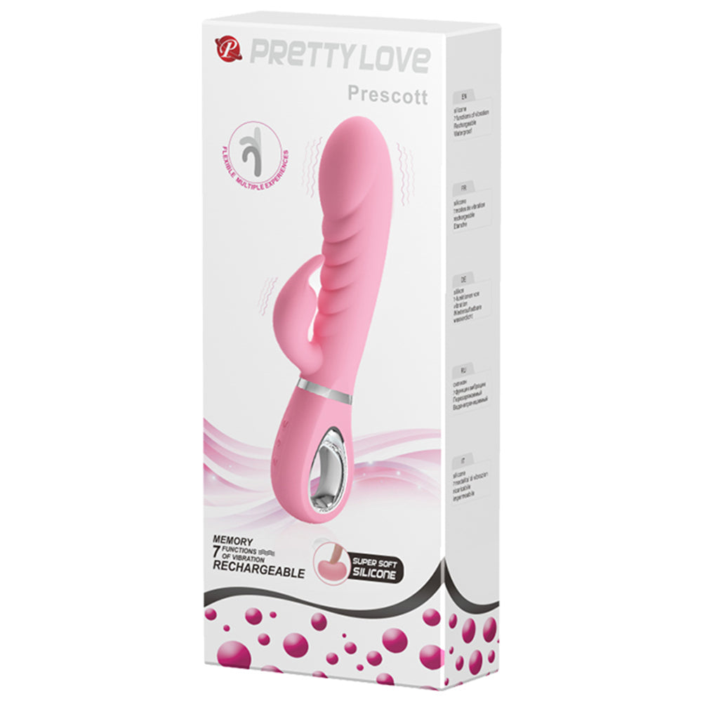 Pretty Love Prescott Dual-Density Rabbit Vibrator has a soft & flexible ribbed shaft with 7 G-spot & 7 clitoral stimulator vibration modes for awesome blended orgasms. Pink-package.