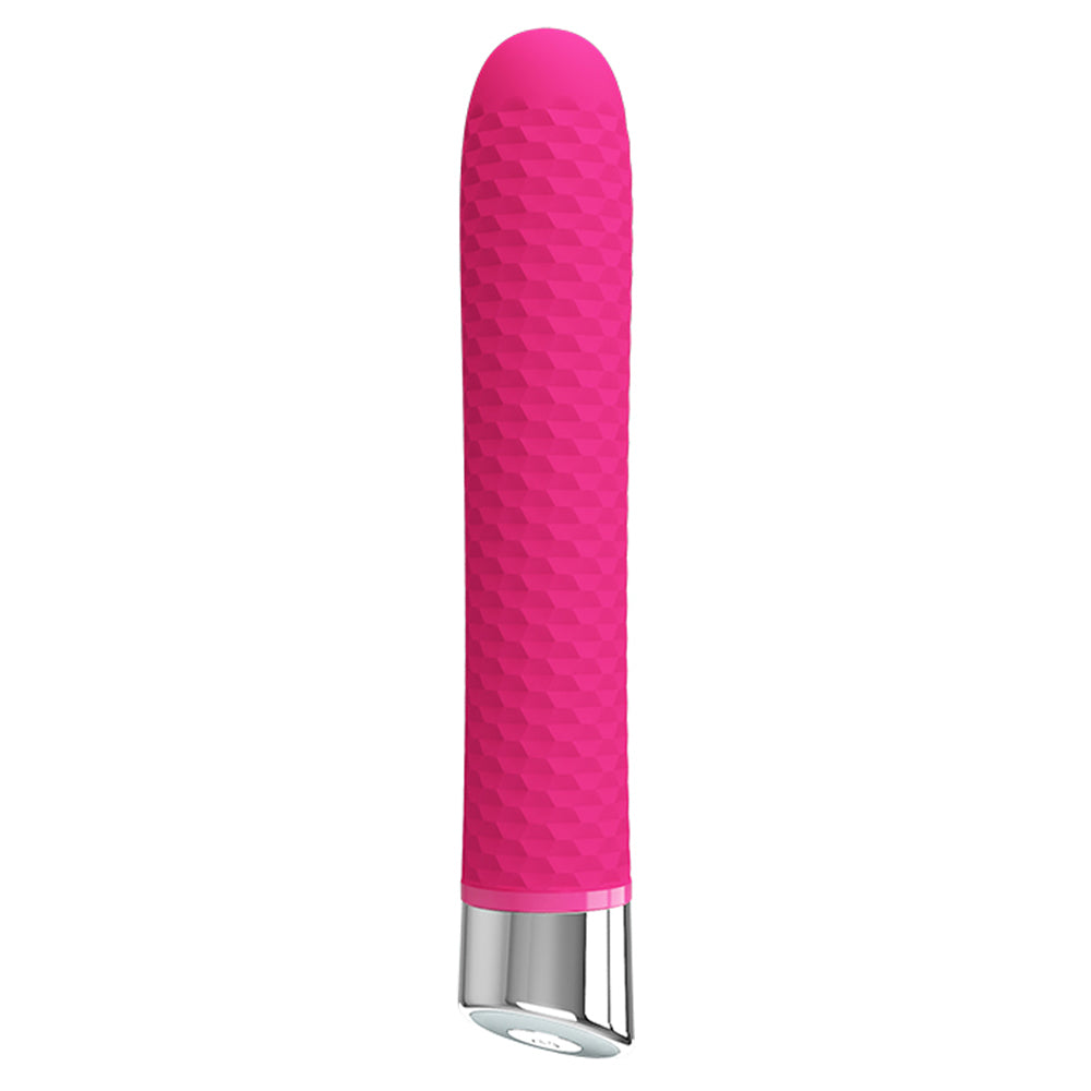 Pretty Love Reginald Textured Mini Vibrator delivers 12 intense vibration modes & is textured for extra pleasure! Waterproof, battery-operated & great for travelling. Pink.