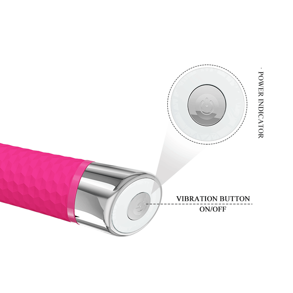 Pretty Love Reginald Textured Mini Vibrator delivers 12 intense vibration modes & is textured for extra pleasure! Waterproof, battery-operated & great for travelling. Pink-button.