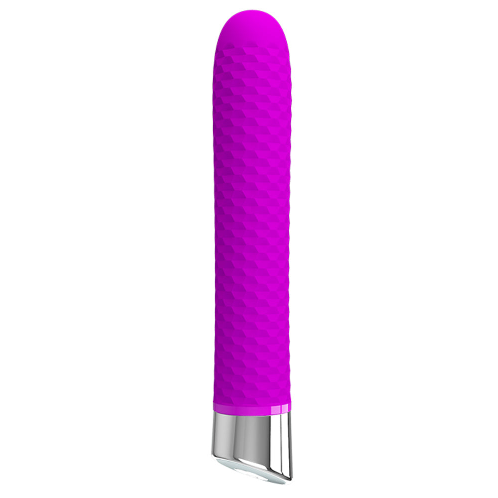 Pretty Love Reginald Textured Mini Vibrator delivers 12 intense vibration modes & is textured for extra pleasure! Waterproof, battery-operated & great for travelling. Purple.