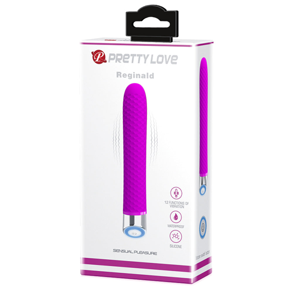 Pretty Love Reginald Textured Mini Vibrator delivers 12 intense vibration modes & is textured for extra pleasure! Waterproof, battery-operated & great for travelling. Purple-package.