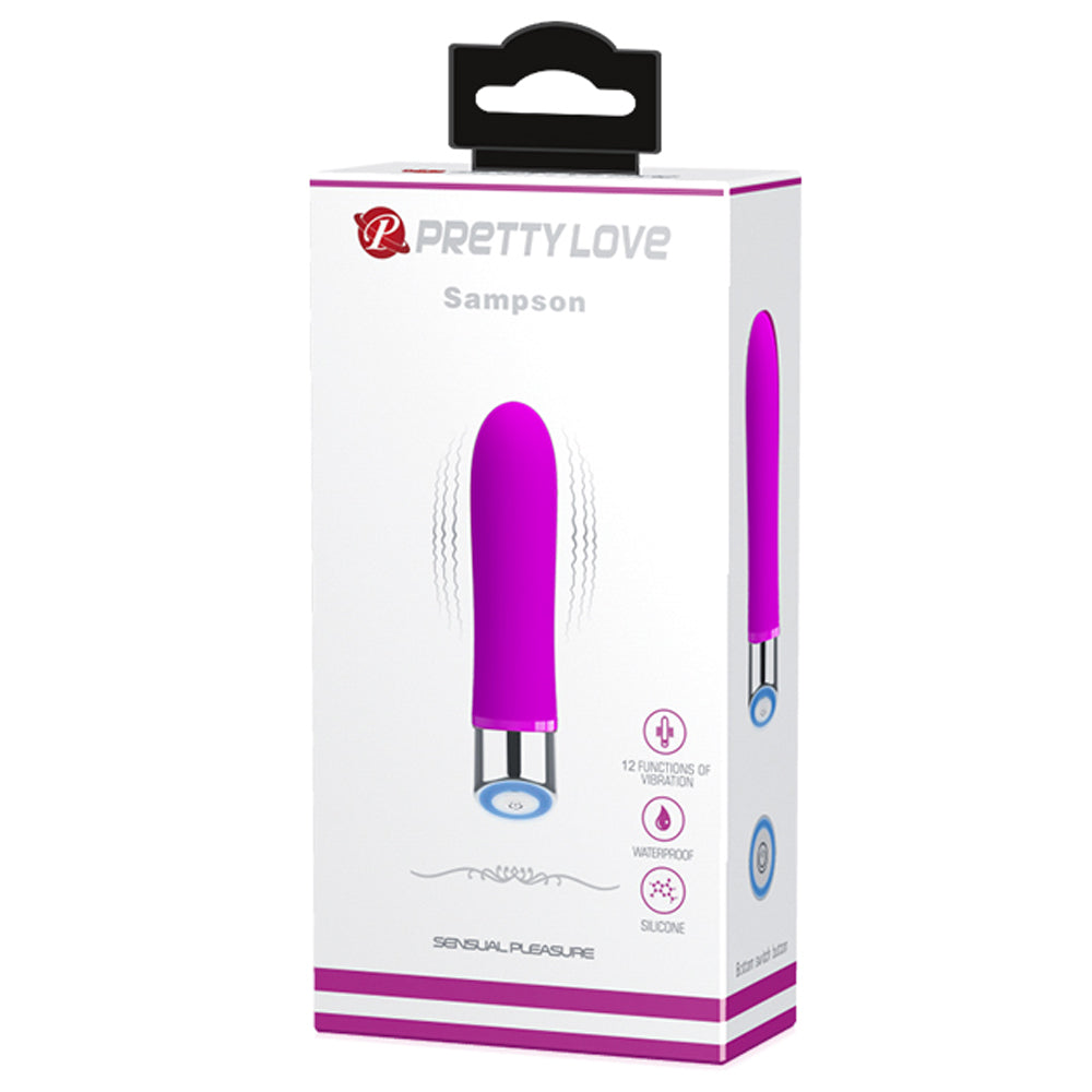 Pretty Love Sampson Vibrating Bullet packs 12 incredible vibration modes into a compact design & has a memory function to remember just how you like it. Purple-package.