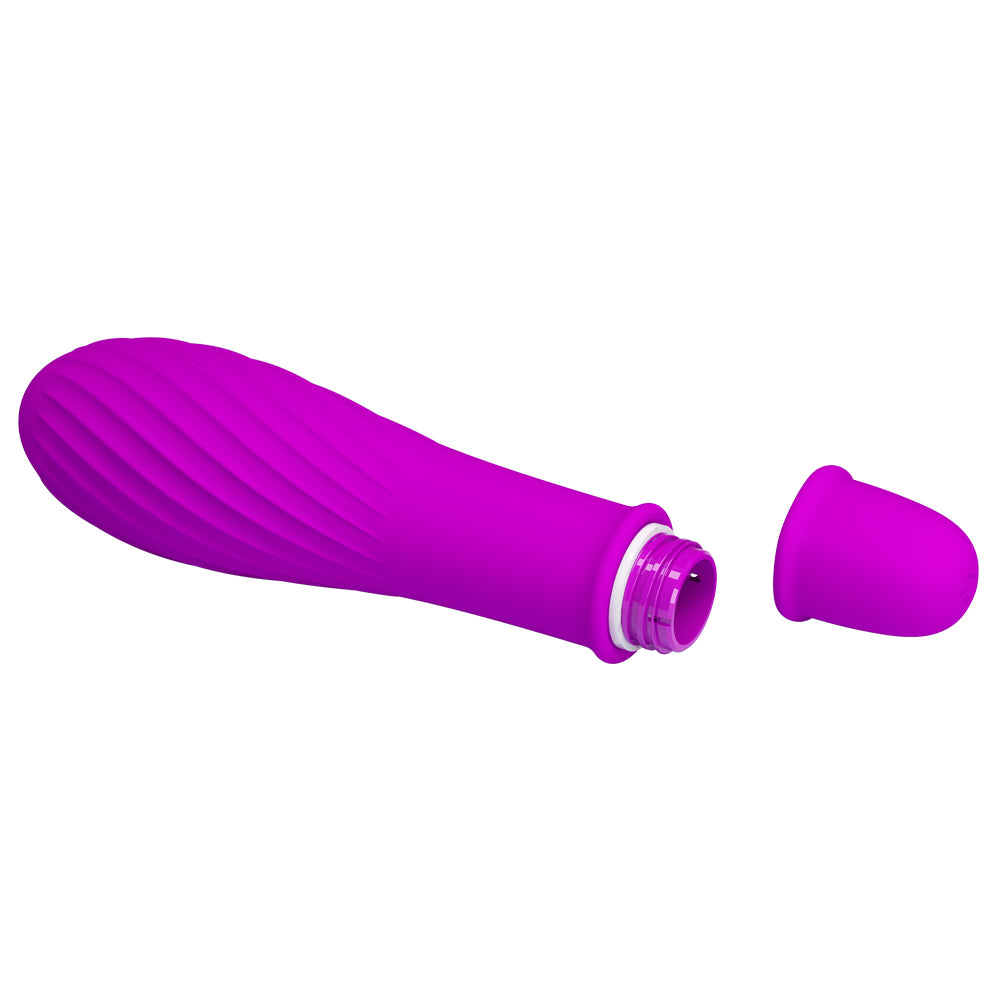 Pretty Love Solomon G-Spot Bullet Vibrator has a textured silicone body w/ a bulbous tip to target your G-spot for deep internal pleasure inside. Purple. Battery compartment.